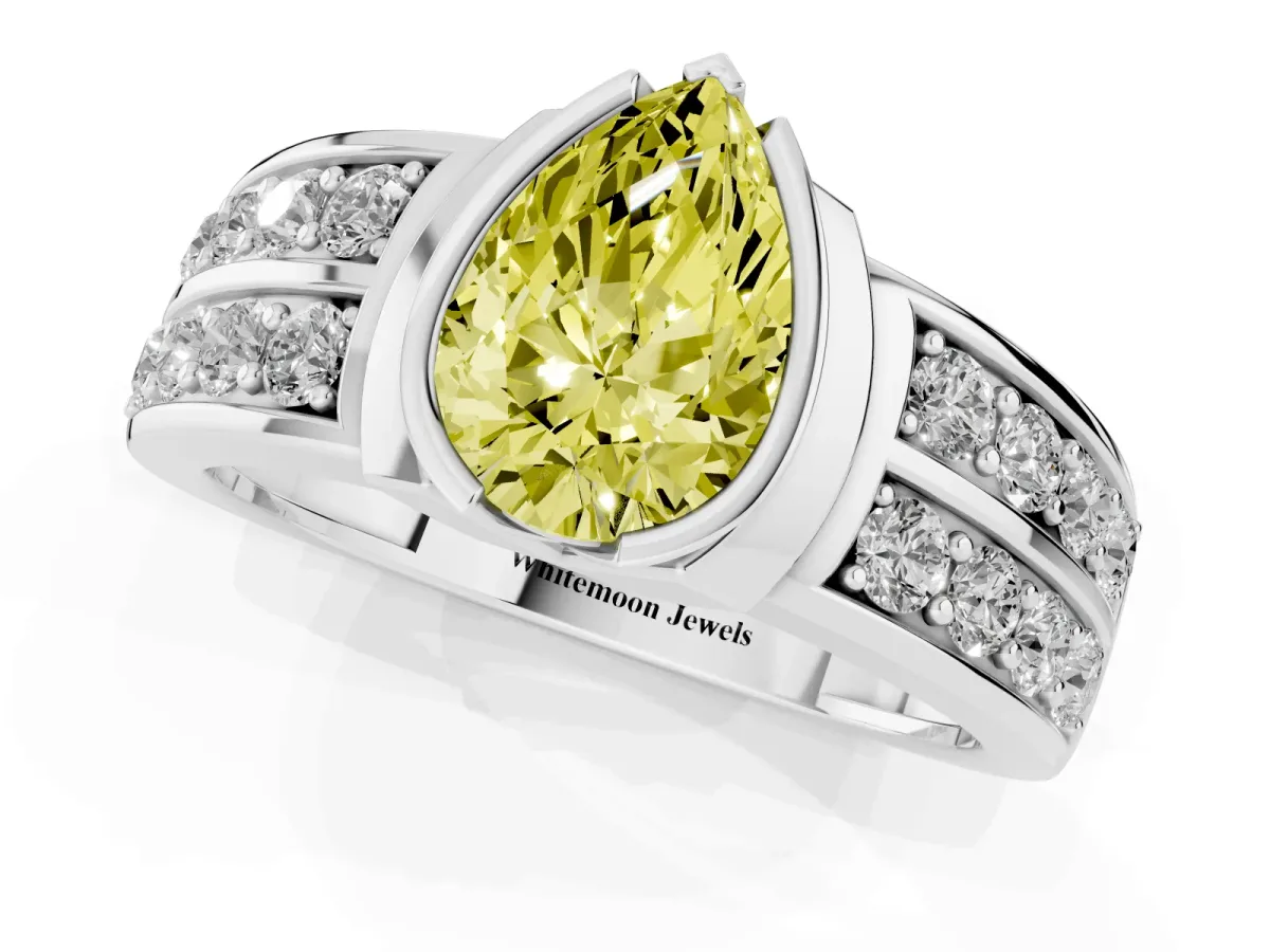 Fancy Yellow Pear Cut Brilliant Diamond Channel Set Wide Band Ring with Bezel Setting Platinum