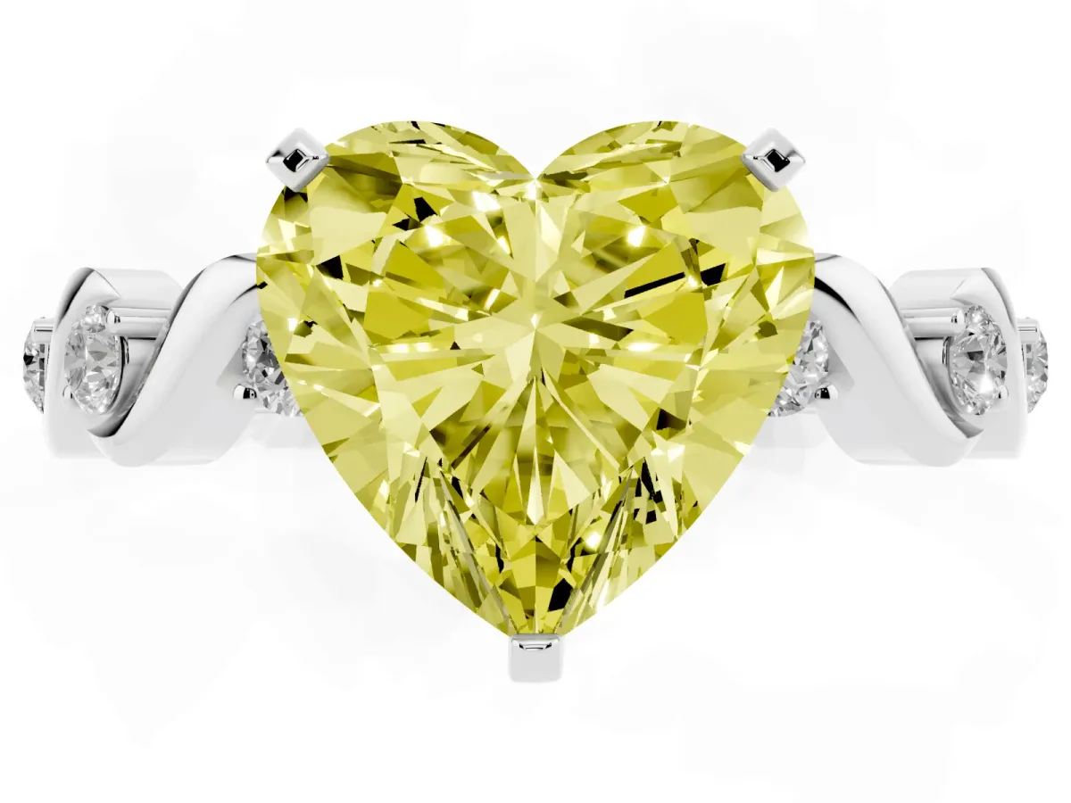 Fancy Yellow Heart Cut Diamond Solitaire Twisted Band with Round Accents and Prong Setting White gold
