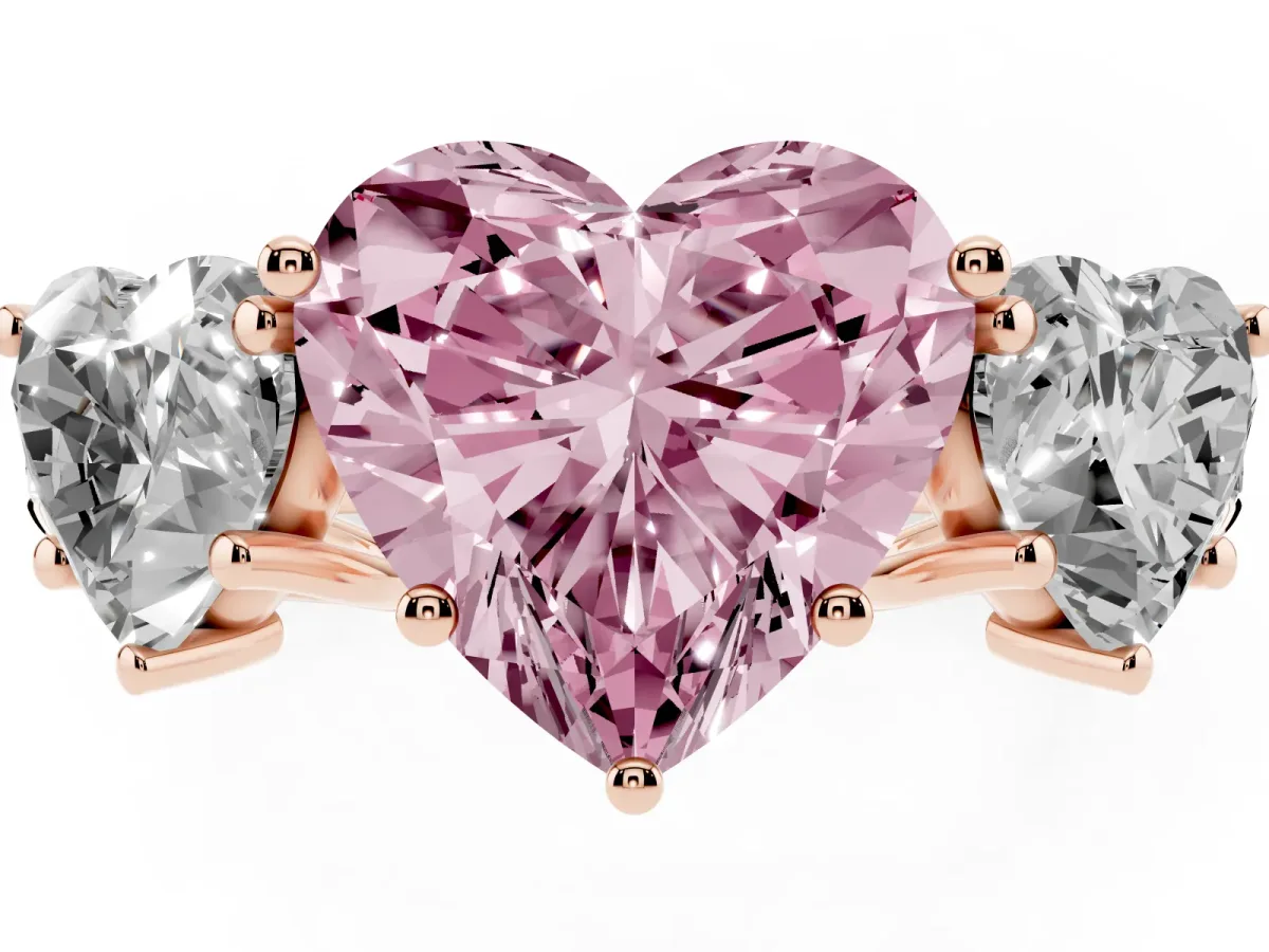 Fancy Pink Three-Stone Heart Cut Diamond Pavé Band with Prong Setting Rose gold
