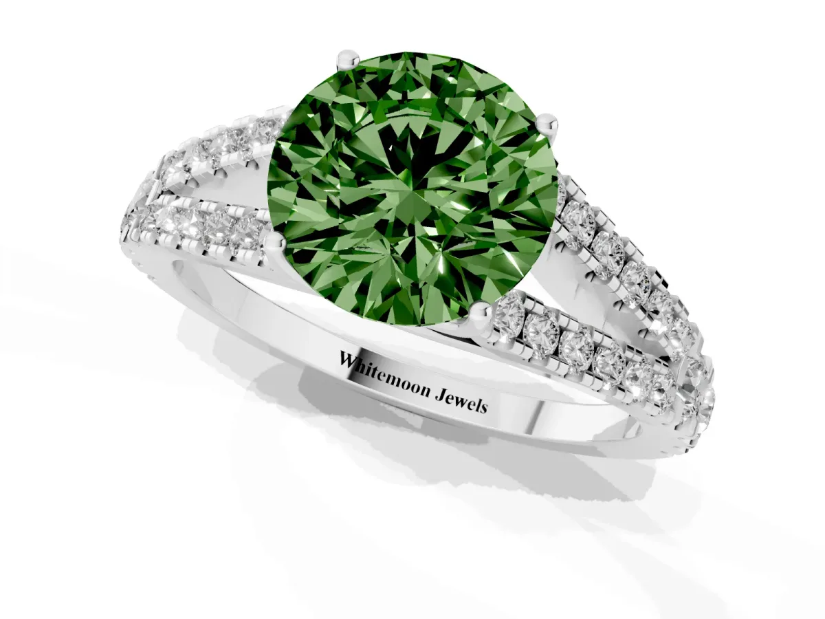 Fancy Green Round Cut Diamond Split Shank Engagement Ring with Round Pavé and Prong Setting Silver