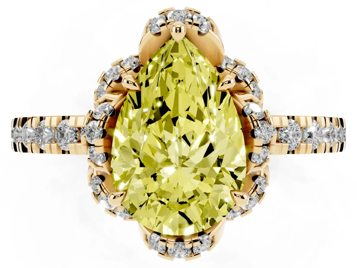 Fancy Yellow Pear Cut Halo Diamond Pave Band Ring with Four-Prong Setting Yellow gold