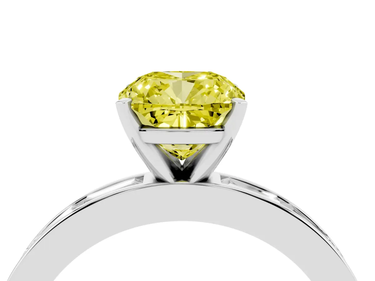 Fancy Yellow Cushion Cut Solitaire Diamond Ring with Channel-Set Baguette Band and Four-Prong Setting Platinum