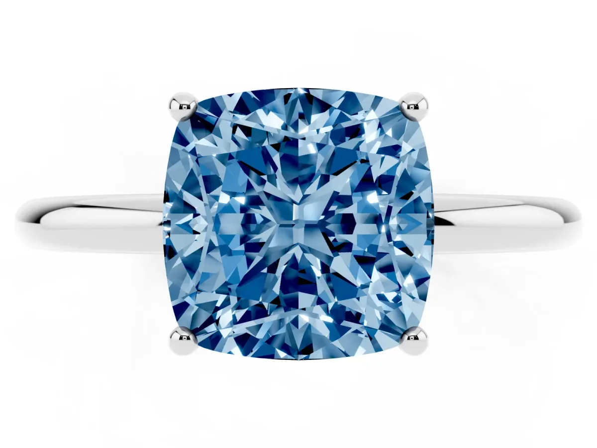 Fancy Blue Cushion Cut Solitaire Diamond Ring with a Classic Band and Four-Prong Setting Silver
