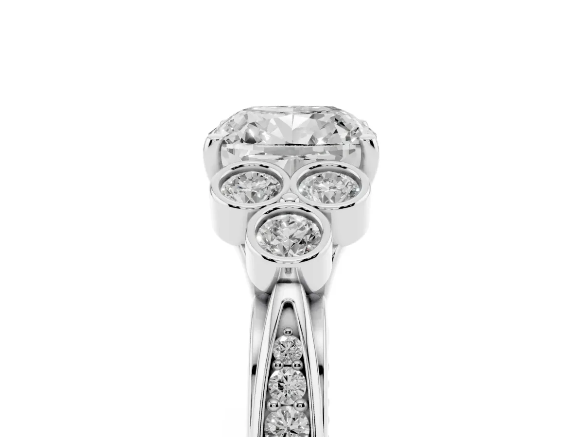 Cushion Cut Cut Diamond Engagement Ring with Bezel Set Round Side Stones and Prong Setting Platinum