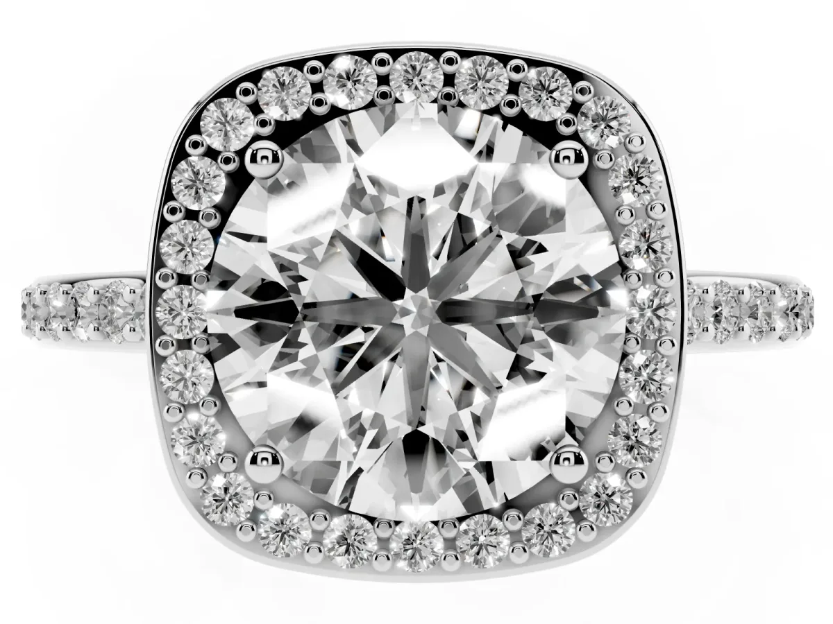 Round Cut Diamond Halo Engagement Ring with Round Pavé Shoulders and Prong Setting Silver