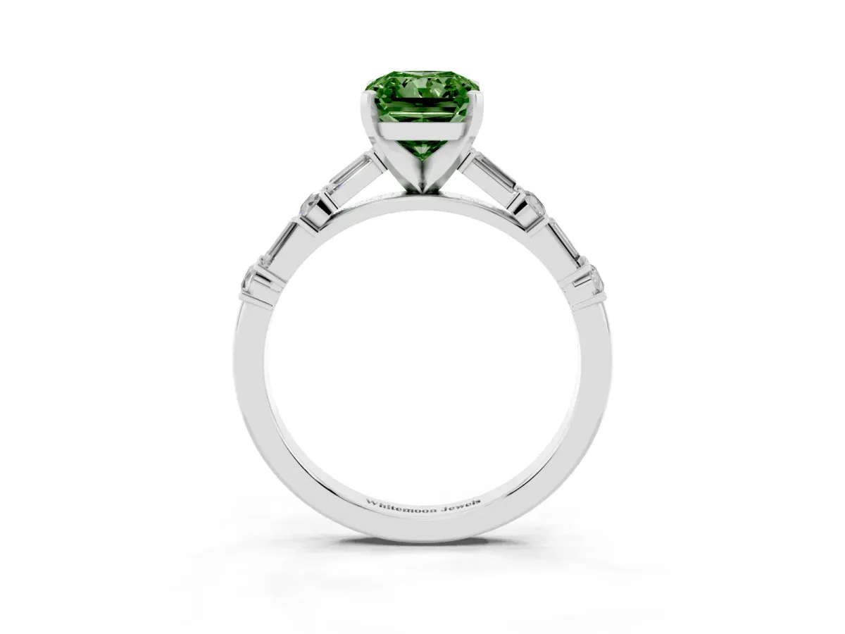 Fancy Green Radiant Cut Diamond Solitaire with Side Baguettes and Channel Set Band Silver