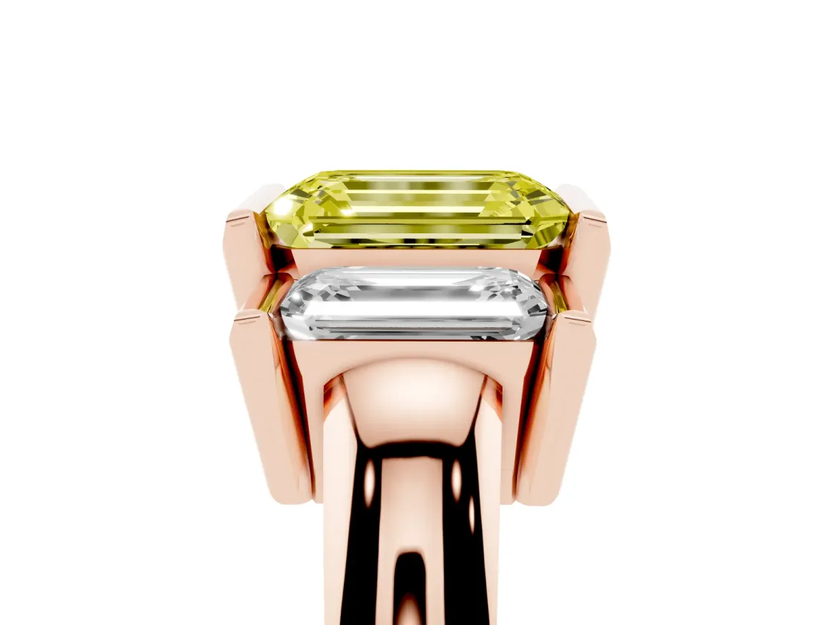 Fancy Yellow Three Stone Emerald Cut Cut Channel Set Diamond Ring Rose gold