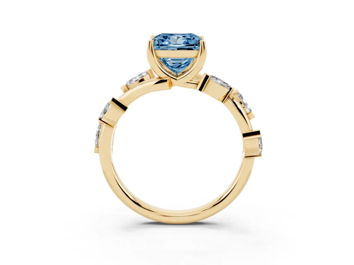 Fancy Blue Princess Cut Solitaire Twisted Band Marquise Accent Prong Setting Ring Yellow gold