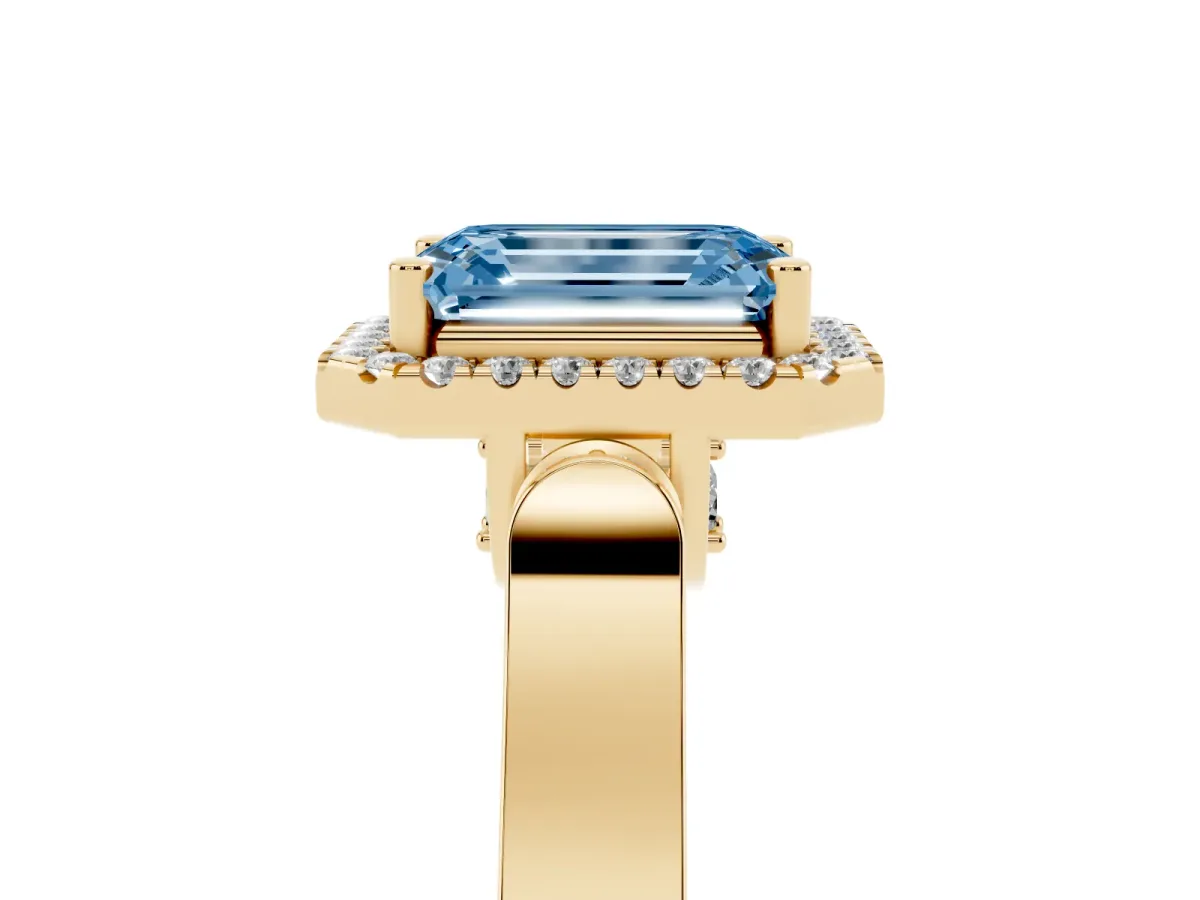 Fancy Blue Emerald Cut Halo Pave Split Shank Prong Setting Ring Yellow gold