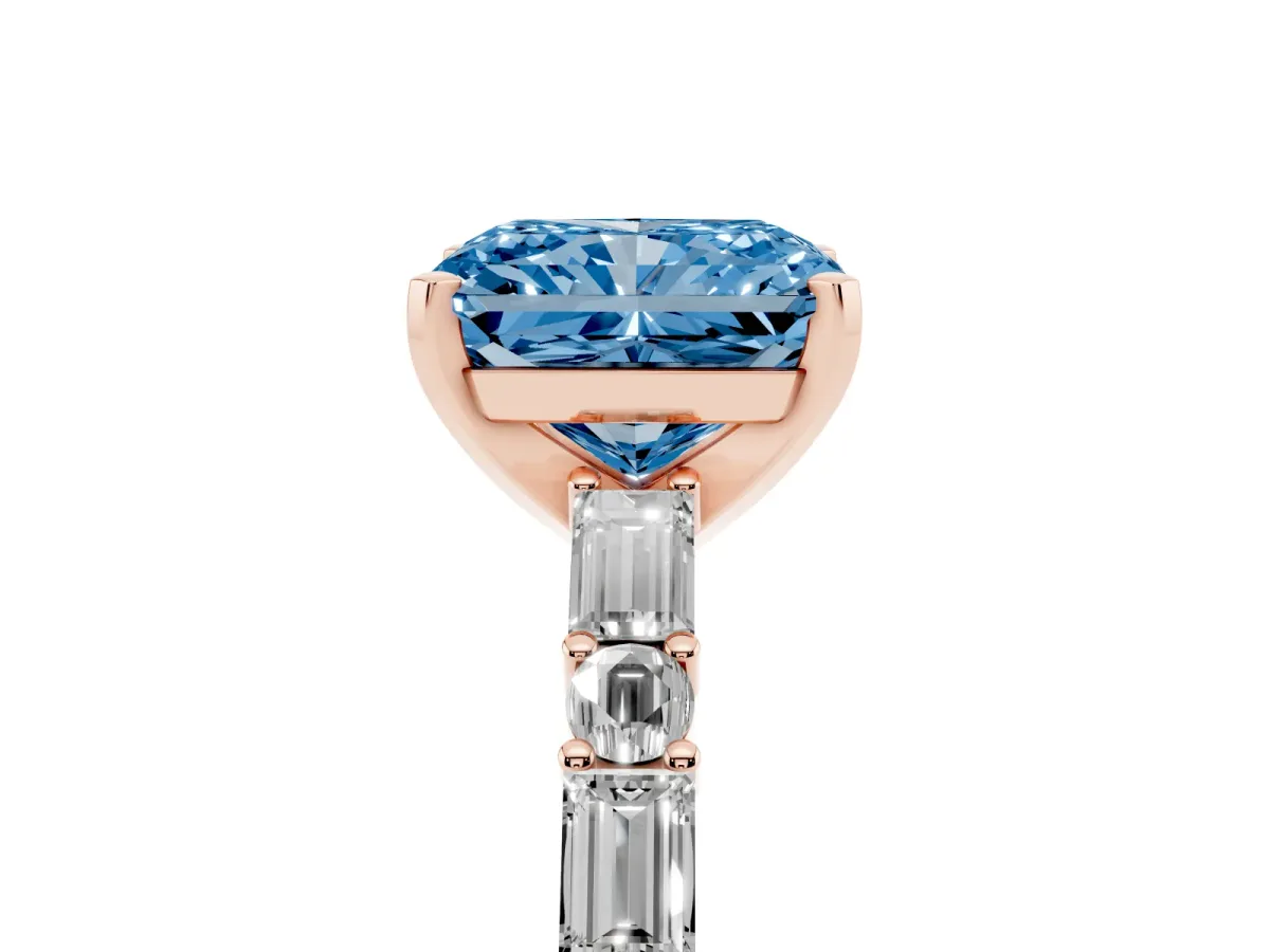 Fancy Blue Radiant Cut Diamond Solitaire with Side Baguettes and Channel Set Band Rose gold