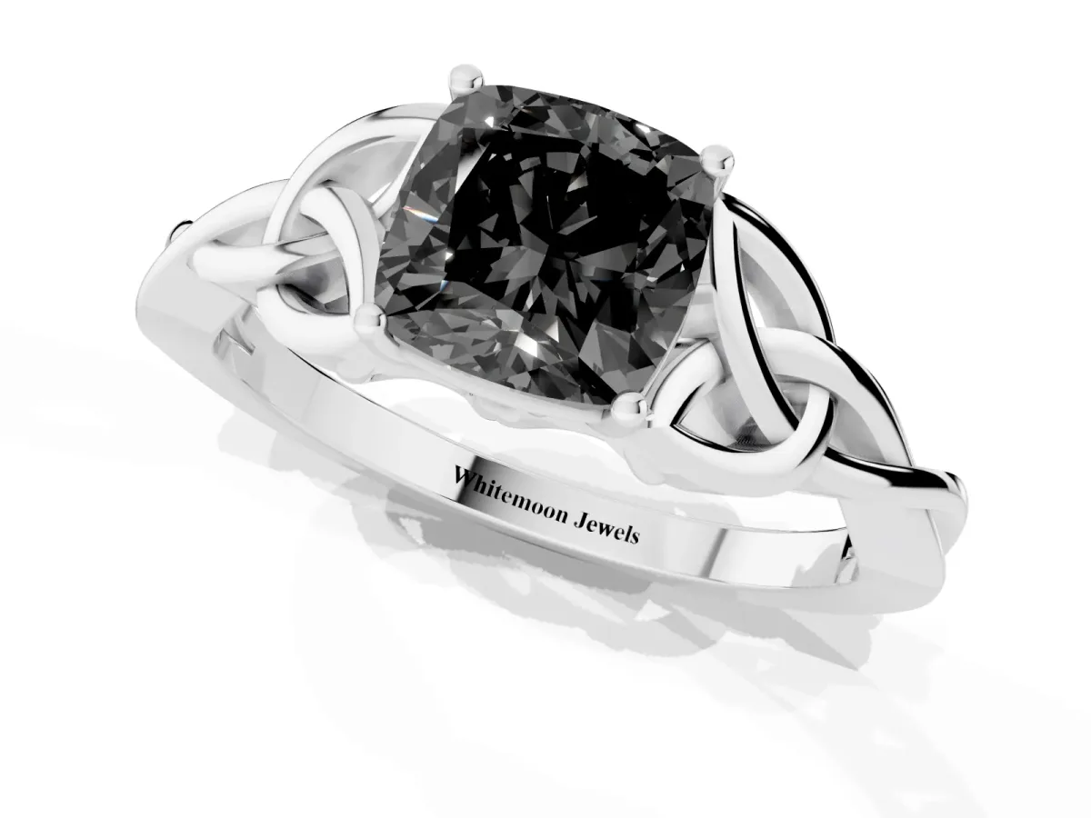 Fancy Black Cushion Cut Diamond Solitaire Engagement Ring with Celtic Knot Band and Four-Prong Setting Platinum