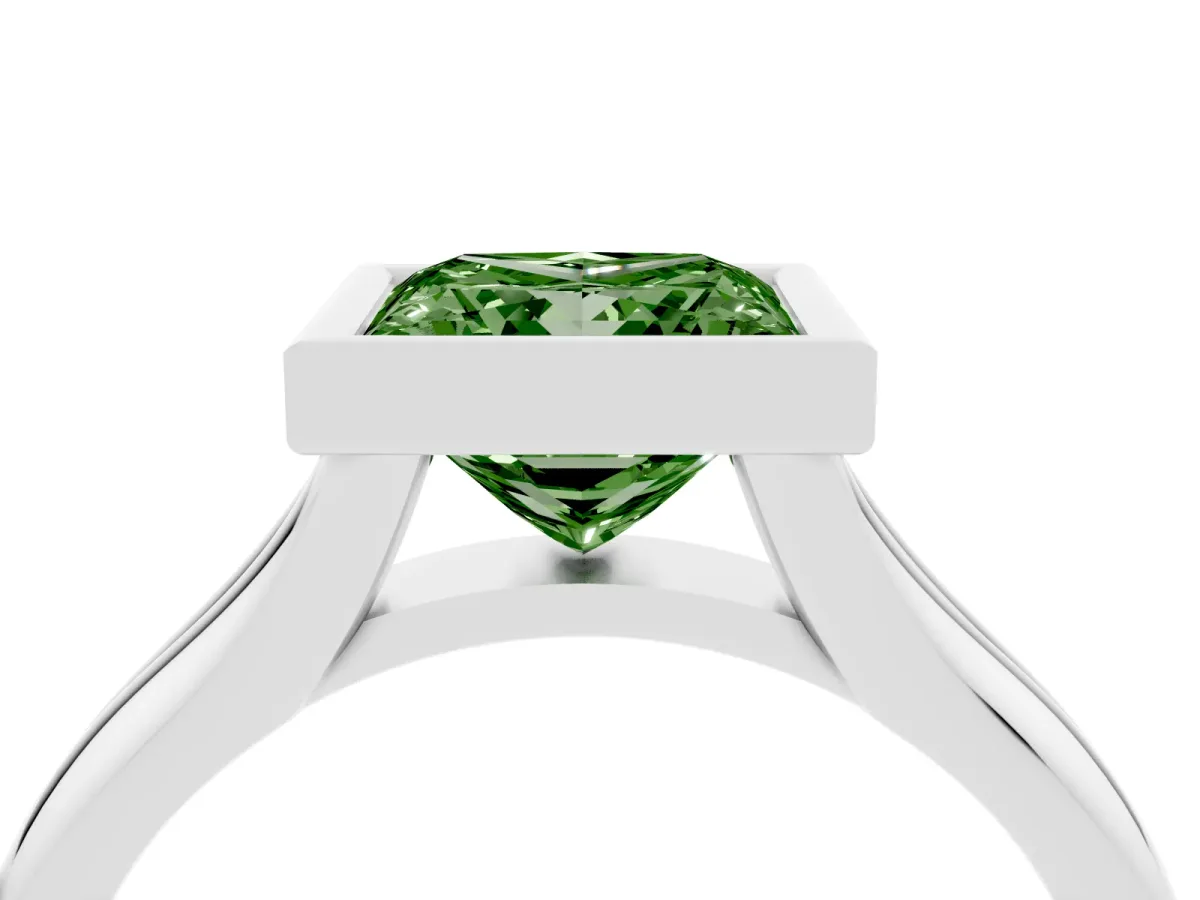 Fancy Green Bezel Set Princess Cut Solitaire Diamond Ring with Smooth Band Platinum