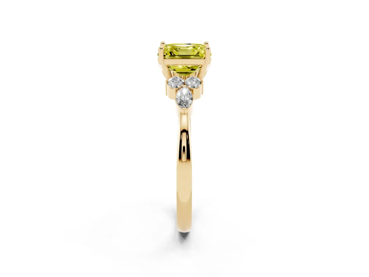 Fancy Yellow Asscher Cut Brilliant Diamond Solitaire Ring with Pear Side Stones and Four-Prong Setting Yellow gold