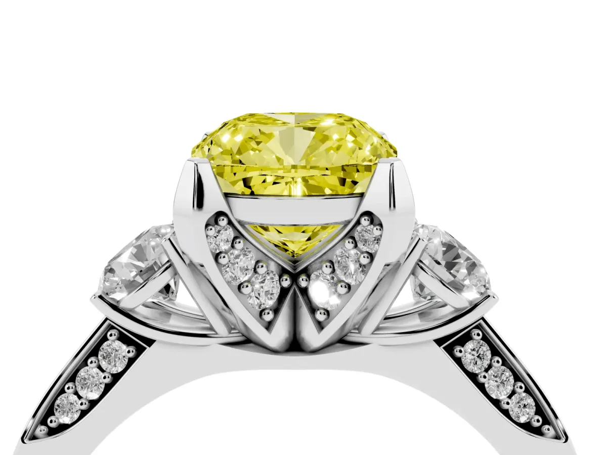 Fancy Yellow Cushion Cut Brilliant Three-Stone Diamond Ring with Pavé Band and Four-Prong Setting Platinum