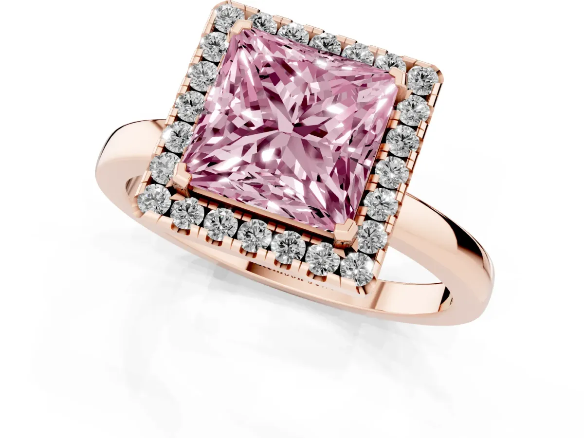 Fancy Pink Princess Cut Halo Diamond Solitaire with Pavé Band and Four-Prong Setting Rose gold