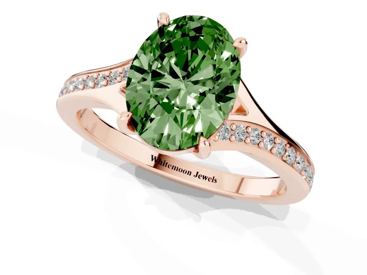 Fancy Green Oval Cut Diamond Solitaire Ring with Pavé Band and Prong Setting Rose gold