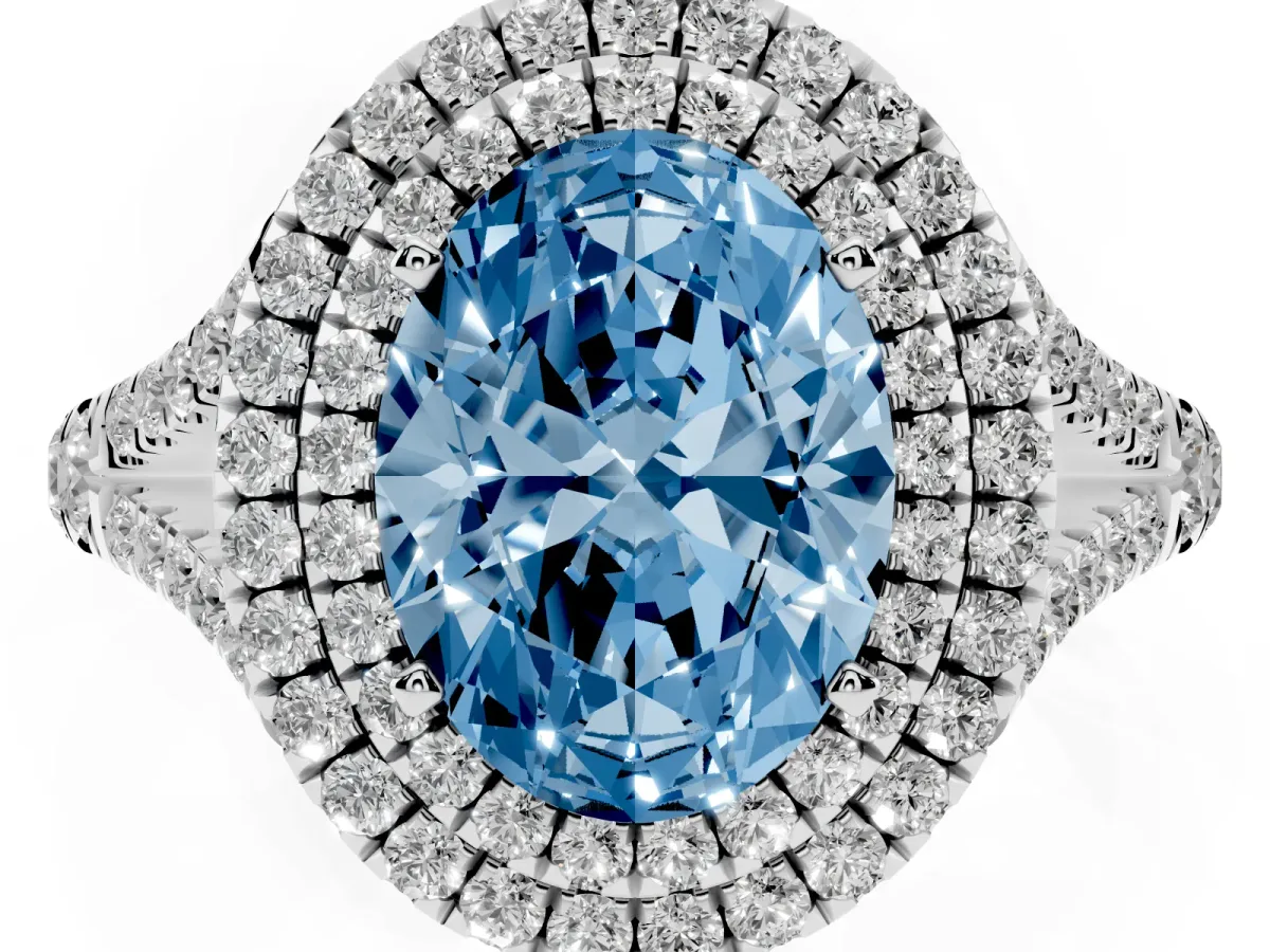 Fancy Blue Oval Cut Diamond Pavé Split Shank Double Halo Engagement Ring Silver