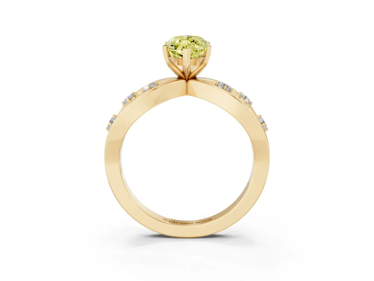 Fancy Yellow Marquise Cut Cut Solitaire Diamond with Side Stones on Criss-Cross Band and Four-Prong Setting Yellow gold