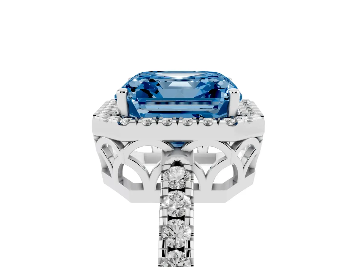 Fancy Blue Asscher Cut Halo Diamond Engagement Ring with Pavé Band and Four-Prong Setting Platinum