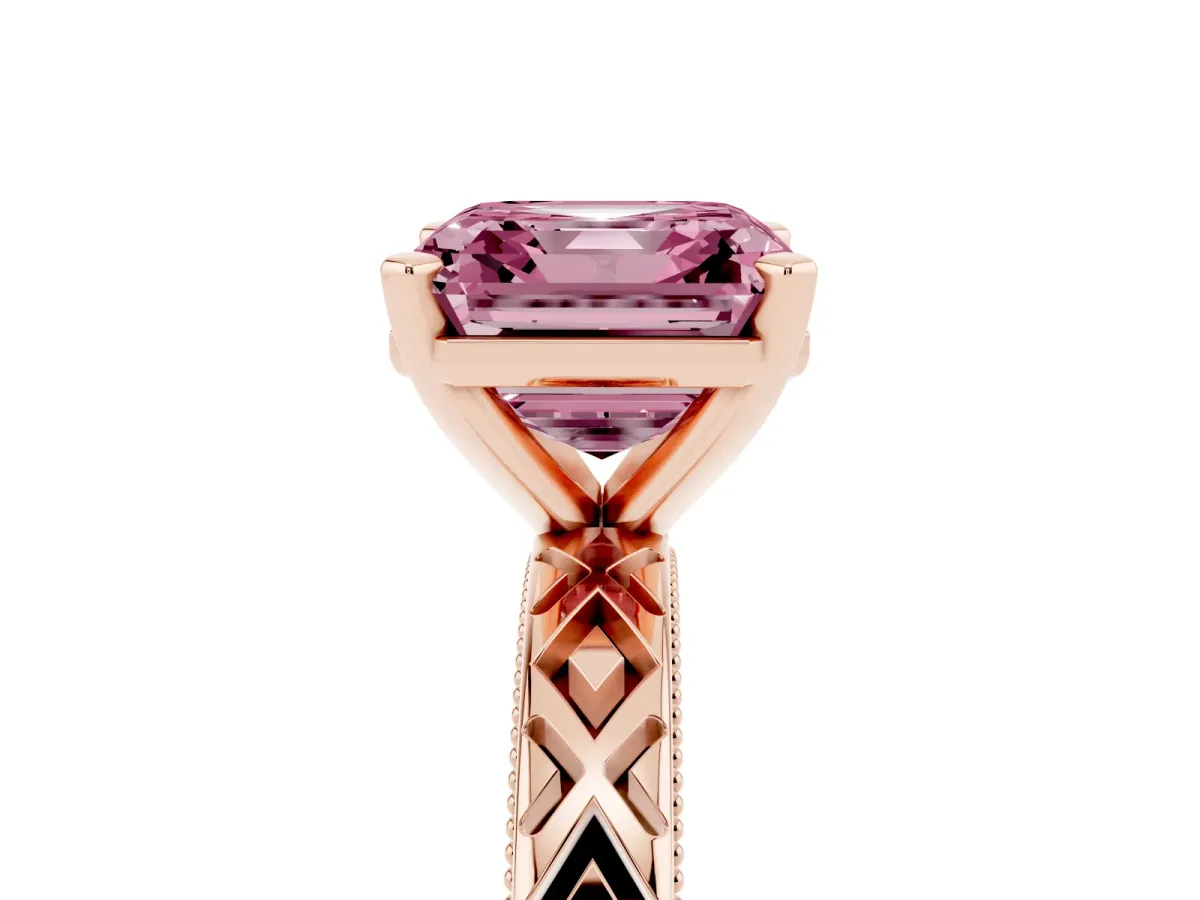 Fancy Pink Asscher Cut Solitaire Diamond Ring with Milgrain and Black Enamel X Pattern Band Rose gold