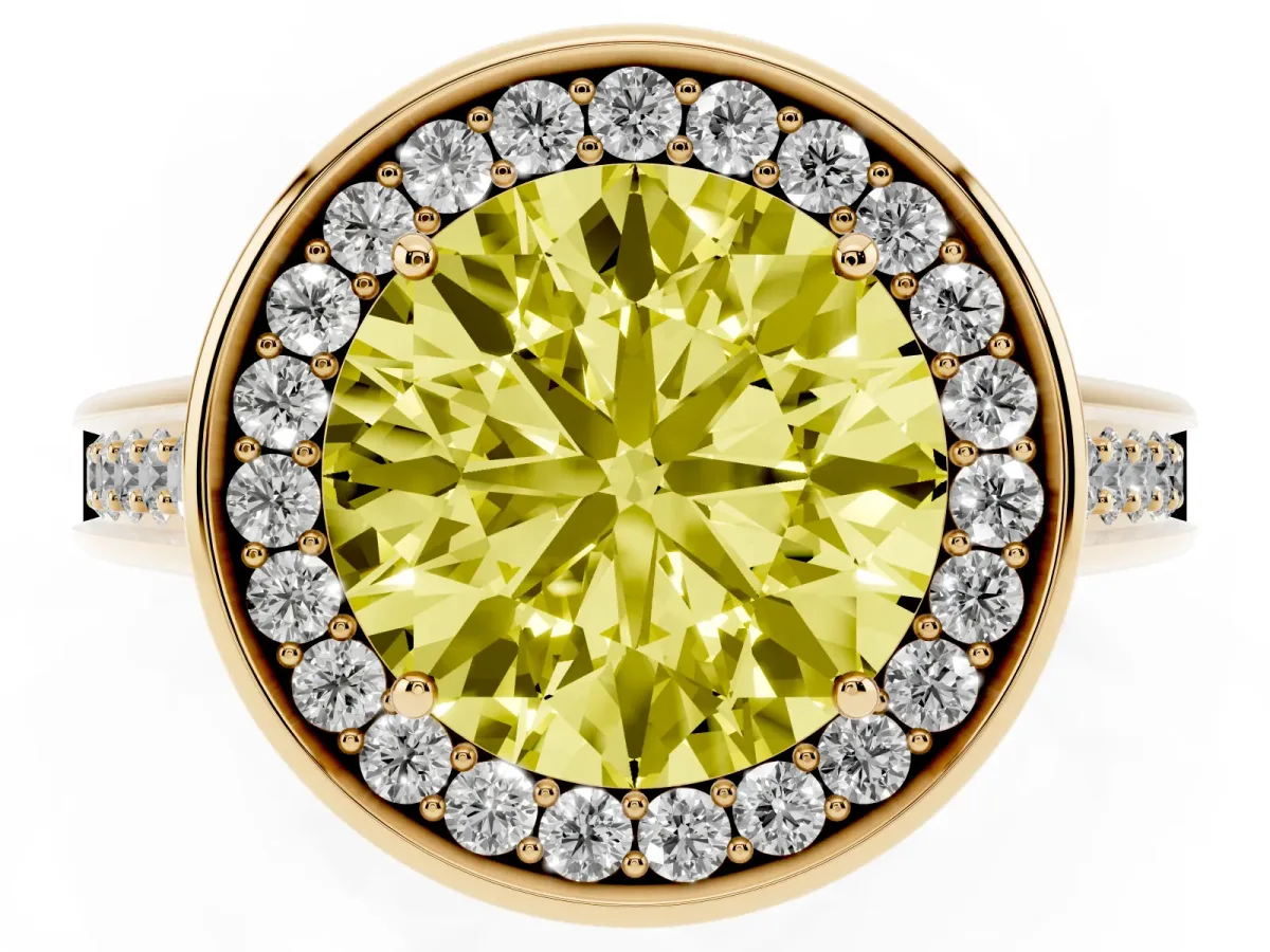Fancy Yellow Round Cut Halo Solitaire Diamond Ring with Pave Band and Bezel Setting Yellow gold