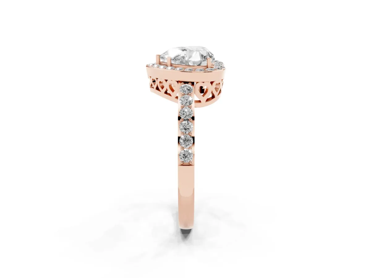 Heart Cut Halo Diamond Pavé Band Ring with Prong Setting Rose gold