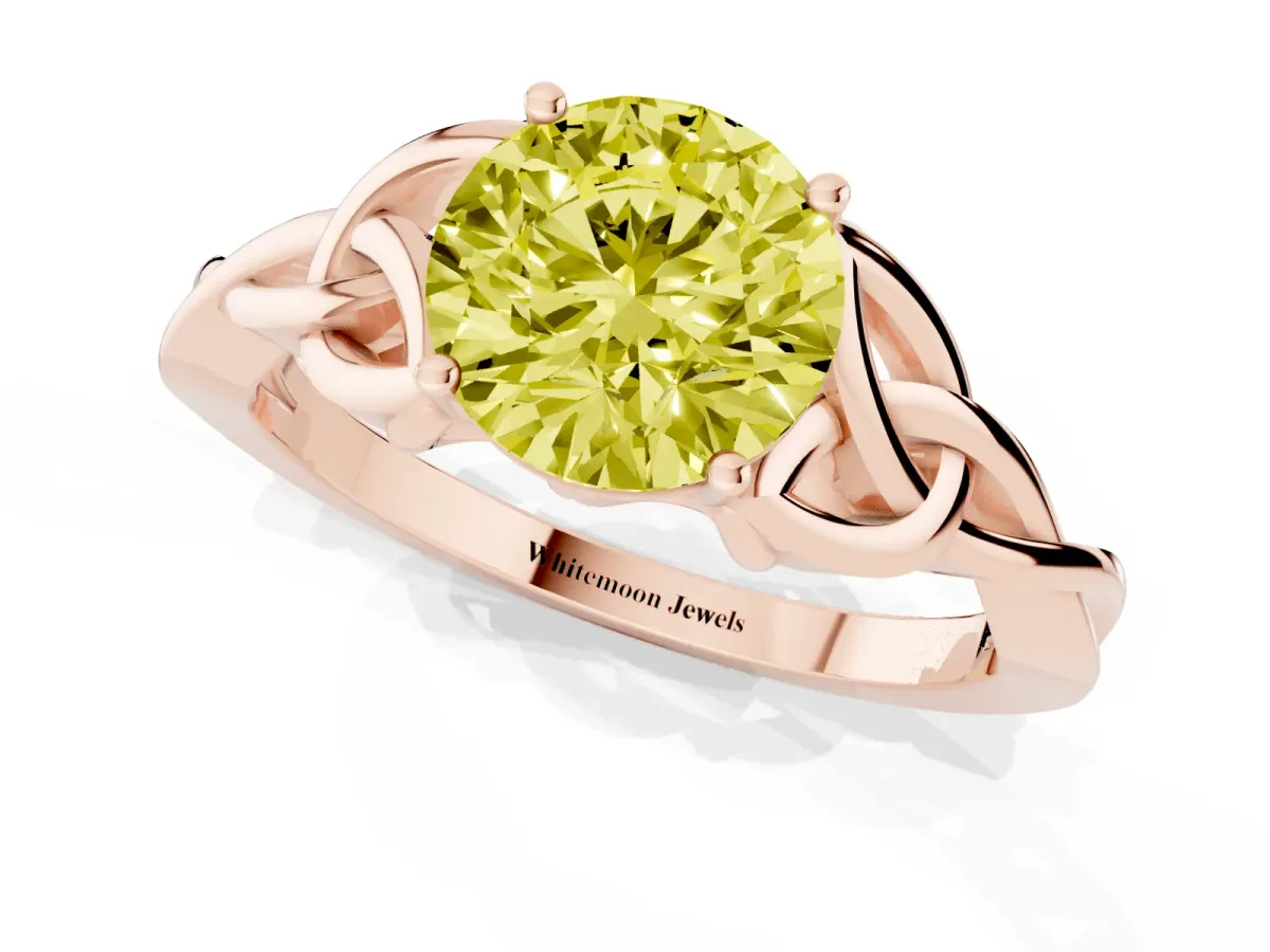 Fancy Yellow Round Cut Diamond Solitaire Engagement Ring with Celtic Knot Band and Four-Prong Setting Rose gold