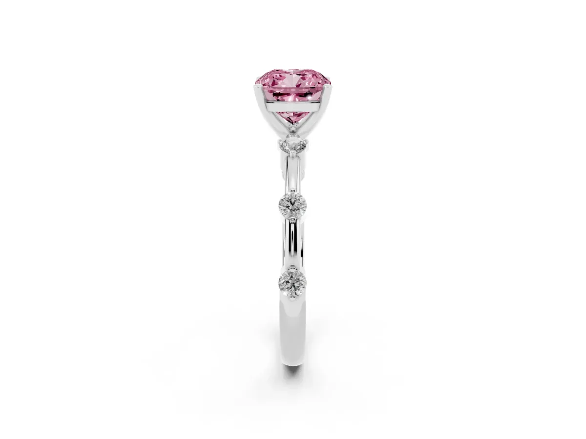 Fancy Pink Cushion Cut Solitaire Diamond Ring with Bezel Set Side Stones and Prong Setting Silver