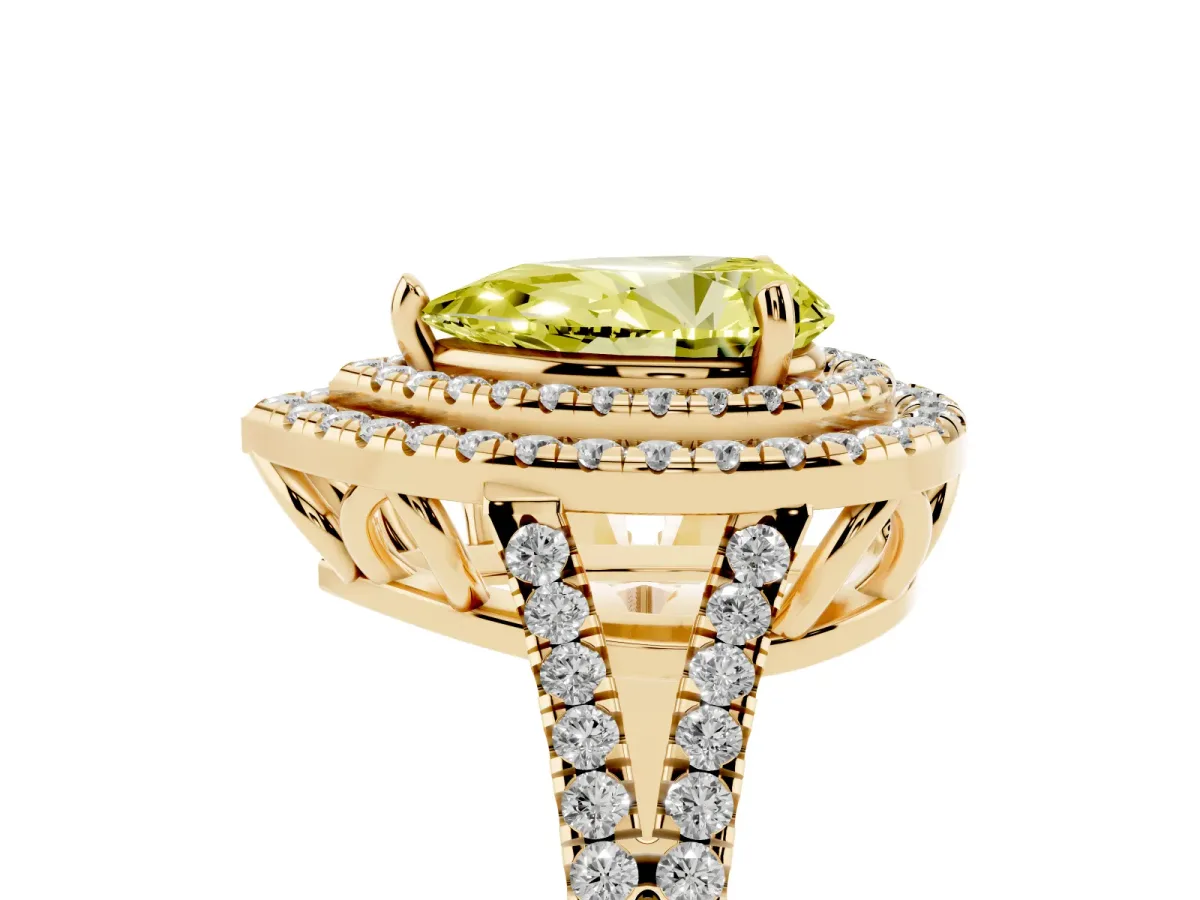 Fancy Yellow Pear Cut Diamond Double Halo Ring with Pavé Band and Prong Setting Yellow gold