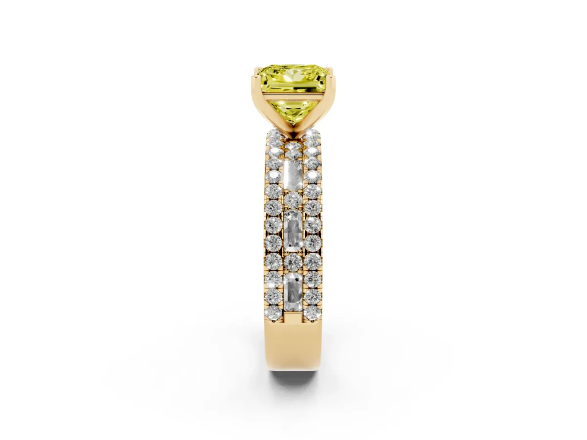 Fancy Yellow Princess Cut Diamond Solitaire Ring with Pavé and Channel Set Band Yellow gold