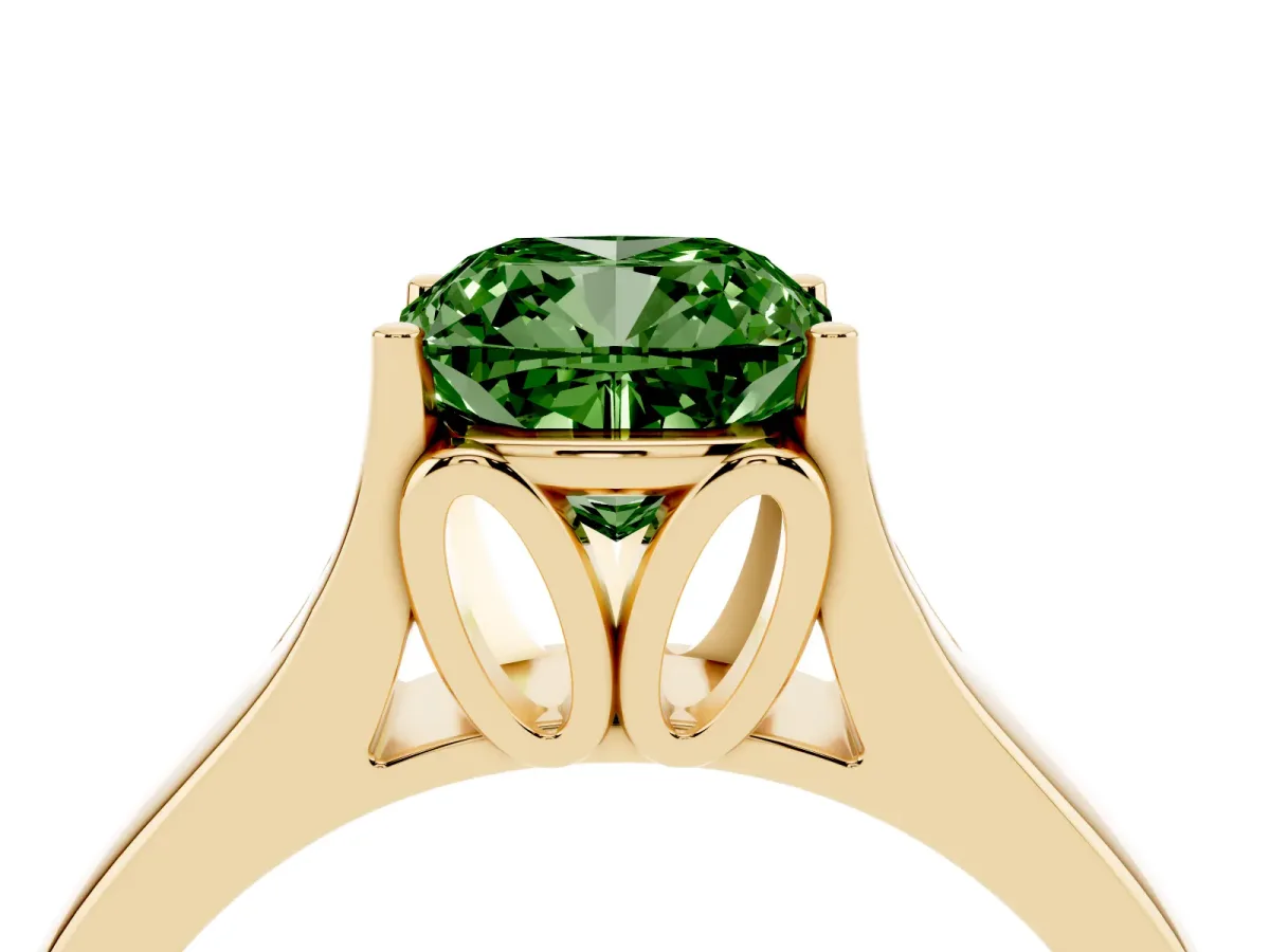 Fancy Green Cushion Cut Solitaire Diamond Ring with Cathedral Band and Four-Prong Setting Yellow gold