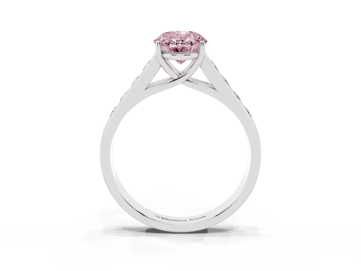 Fancy Pink Oval Cut Brilliant Channel-Set Solitaire Ring with Four-Prong Setting Platinum