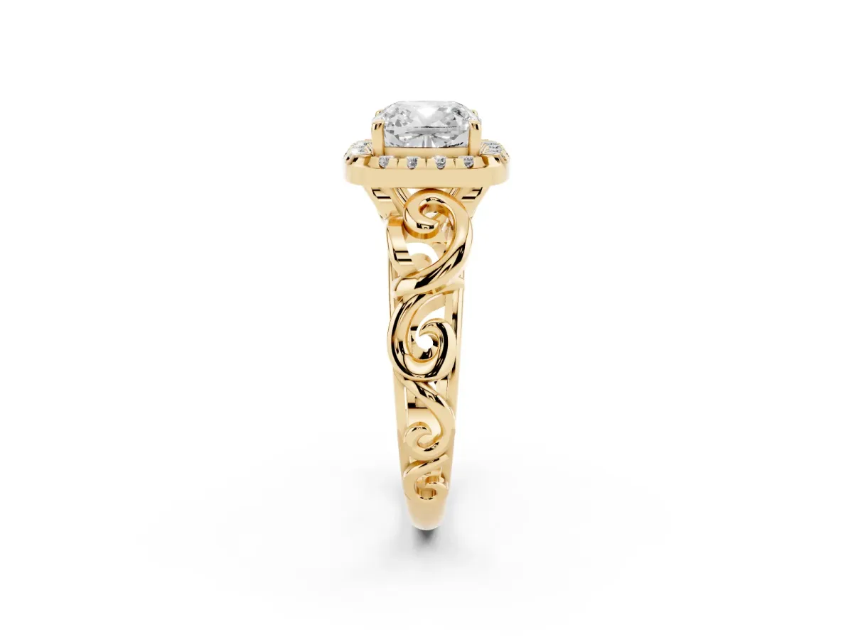 Cushion Cut Cut Halo Diamond Ring with Scrollwork Band and Four-Prong Setting Yellow gold