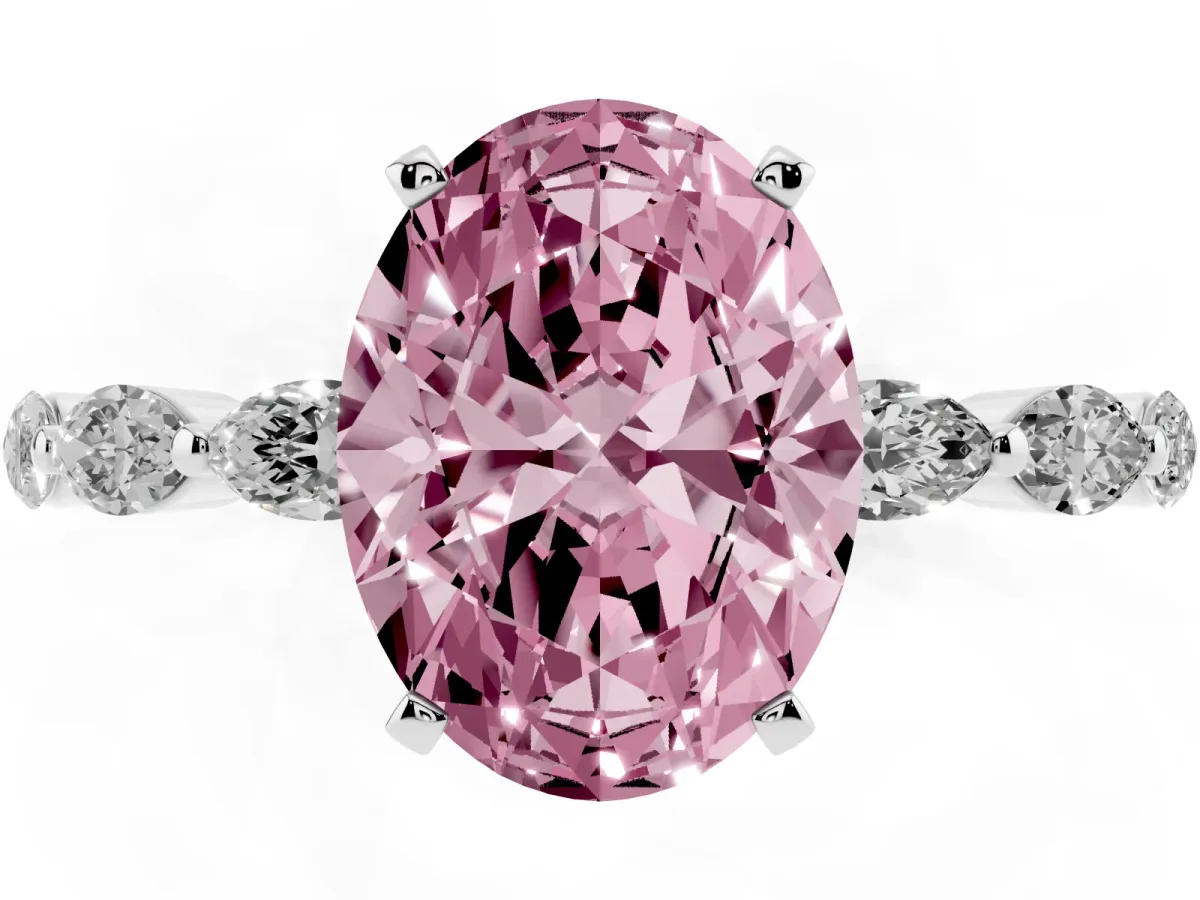 Fancy Pink Oval Cut Diamond Ring with Marquise Side Stones and Prong Setting White gold