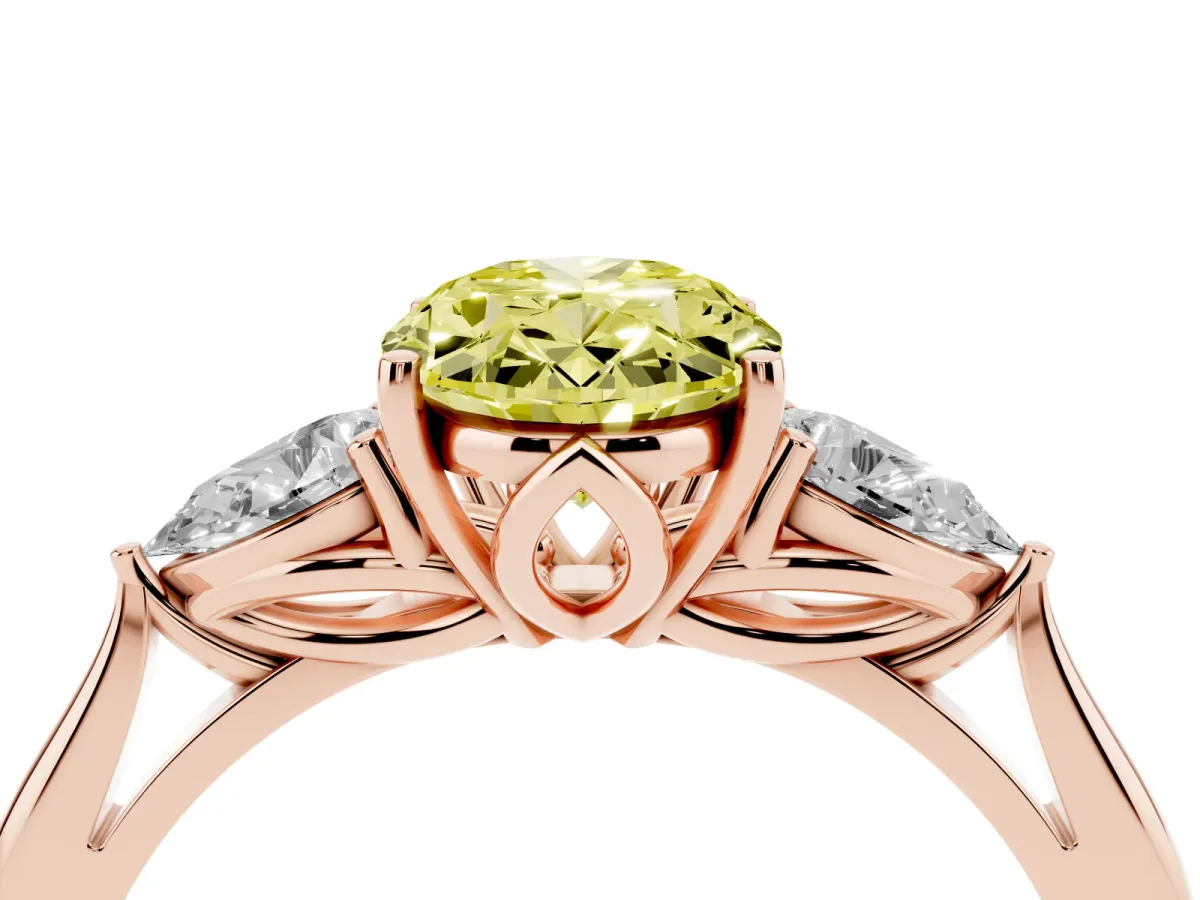 Fancy Yellow Three-Stone Oval Cut Diamond Ring with Pear Side Stones in Four-Prong Setting Rose gold