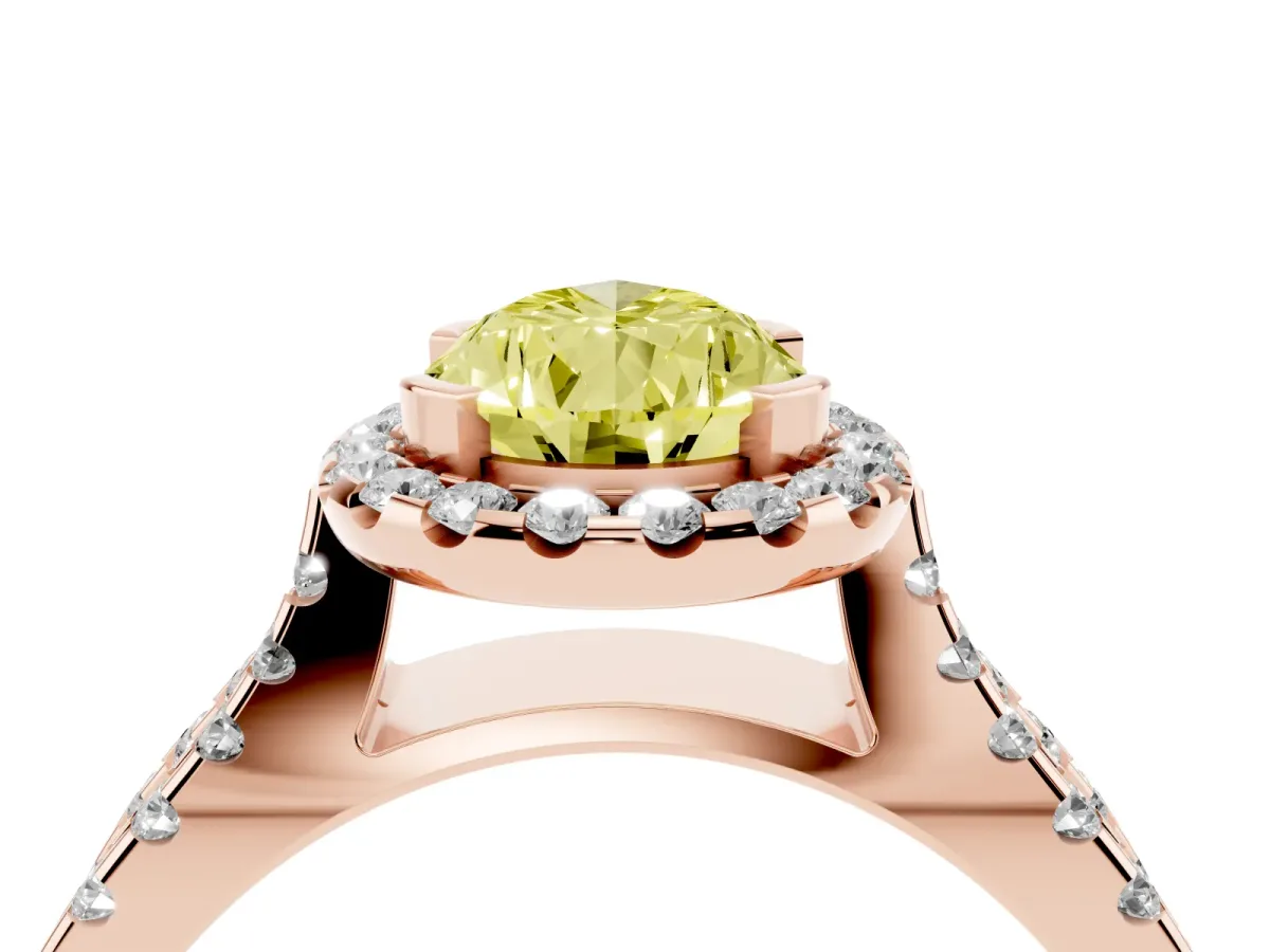 Fancy Yellow Pear Cut Diamond Halo Ring with Split Shank Pavé Band and Prong Setting Rose gold