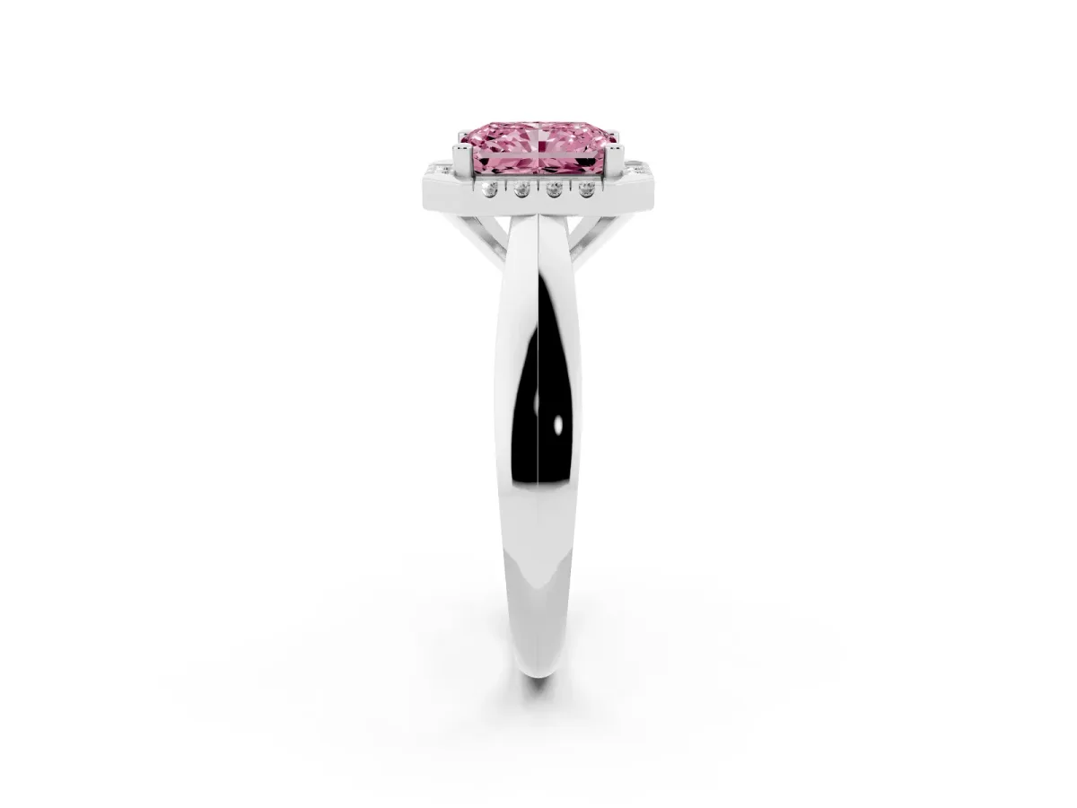 Fancy Pink Radiant Cut Cut Halo Solitaire Engagement Ring with Square Band and Four-Prong Setting White gold