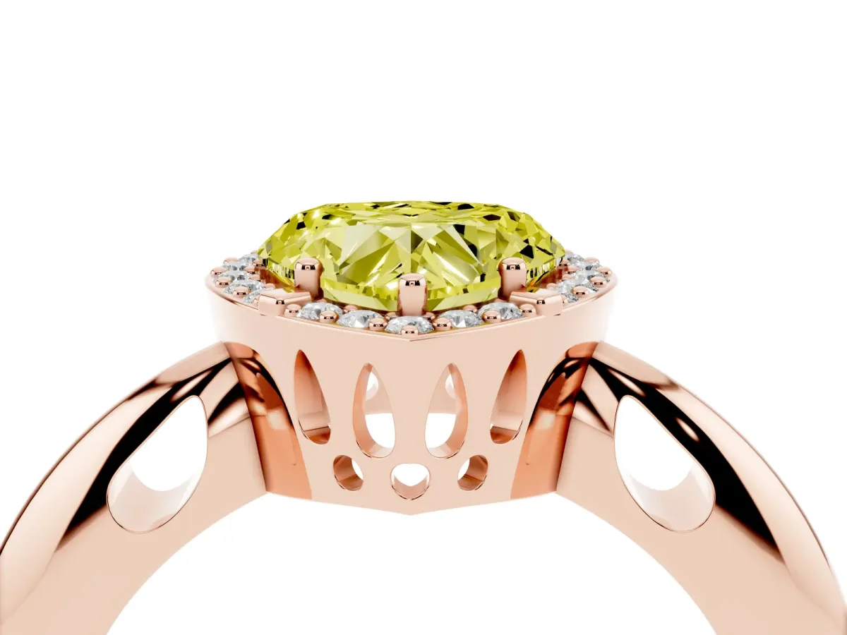 Fancy Yellow Heart Cut Cut Diamond Halo Engagement Ring with Split Shank and Four-Prong Setting Rose gold