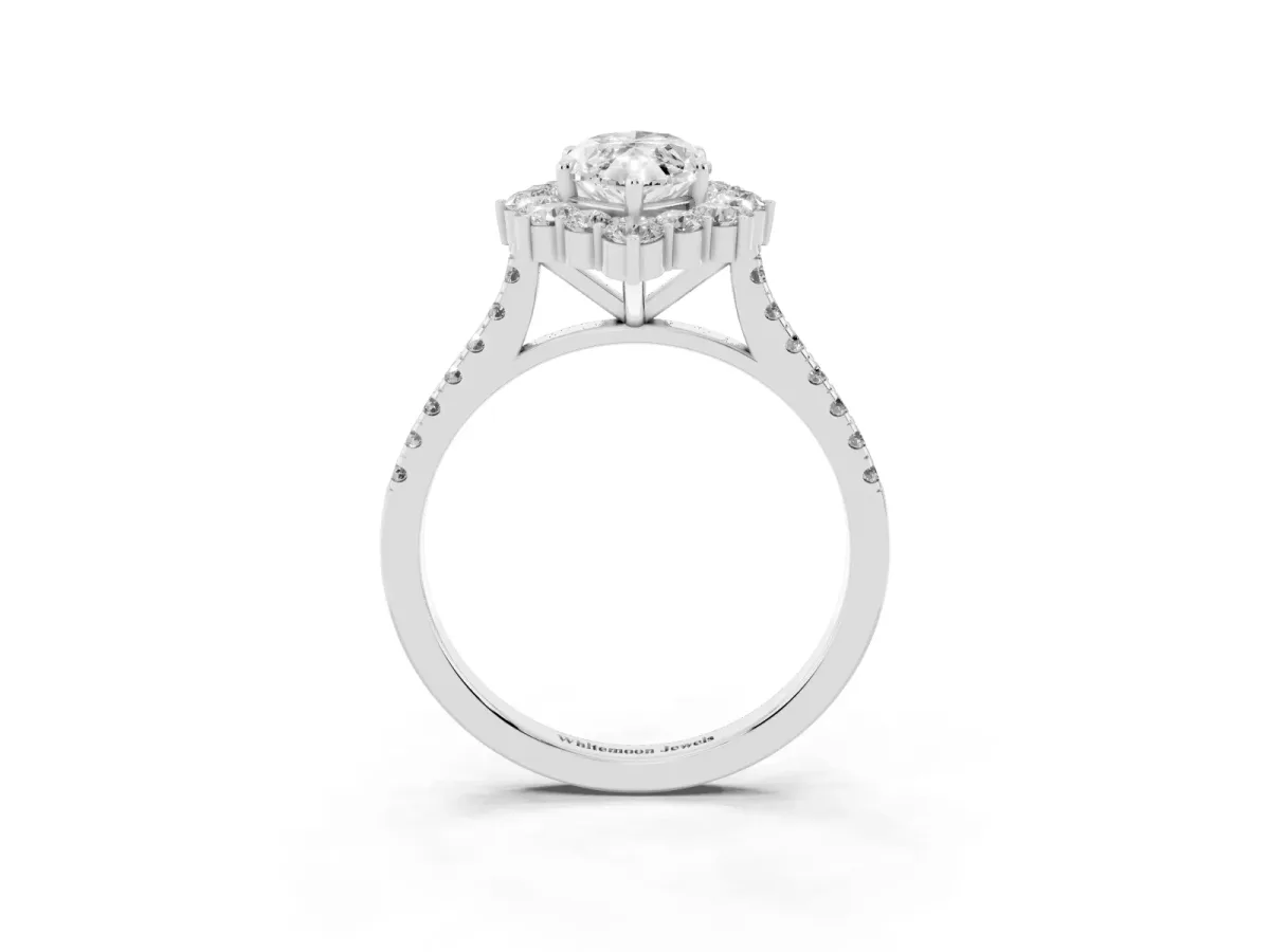 Marquise Cut Halo Diamond Ring with Pavé Band and Prong Setting Platinum