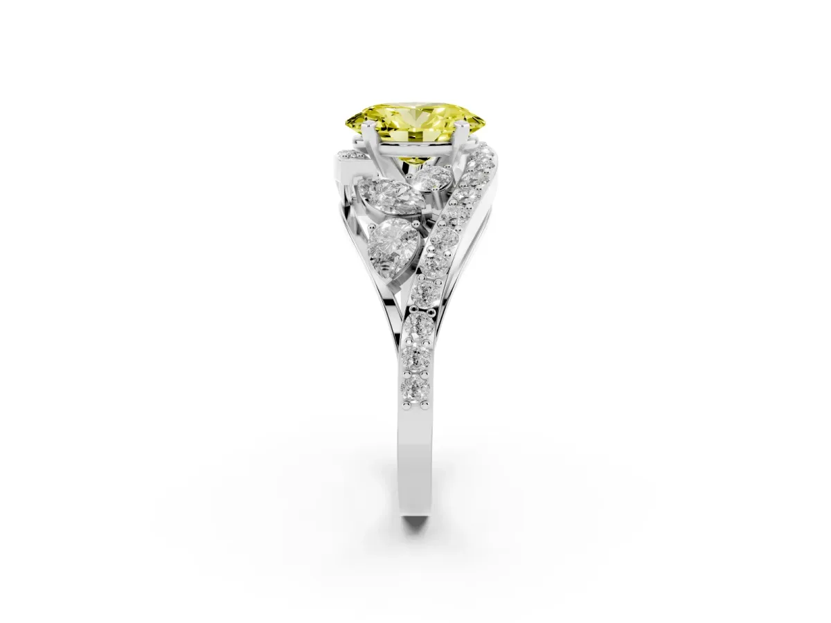 Fancy Yellow Oval Cut Diamond Halo Ring with Marquise and Pavé Band in Prong Setting Platinum