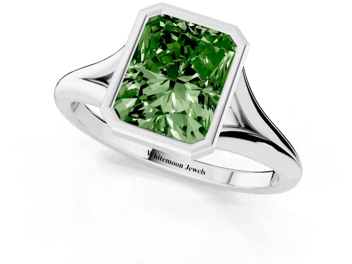 Fancy Green Bezel Set Radiant Cut Cut Solitaire Ring with Tapered Band Silver