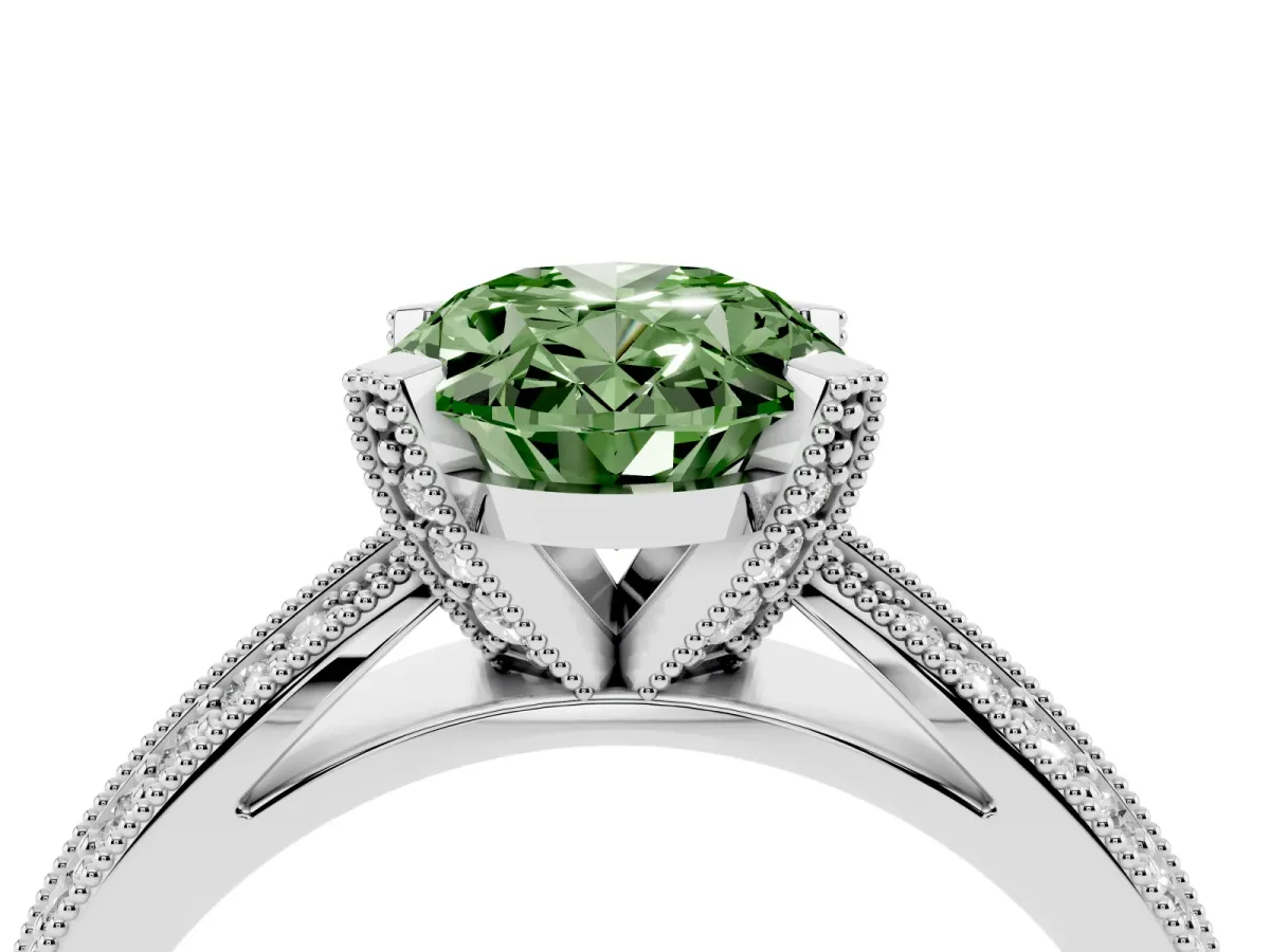 Fancy Green Oval Cut Diamond Solitaire Ring with Milgrain Round Pavé Band and Prong Setting White gold
