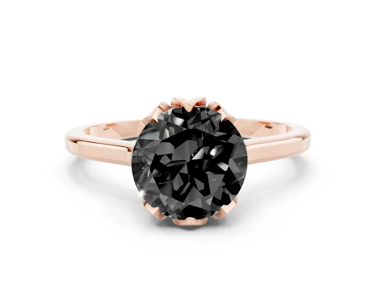Fancy Black Round Cut Diamond Solitaire Ring with Flower Prong Setting and Classic Band Rose gold