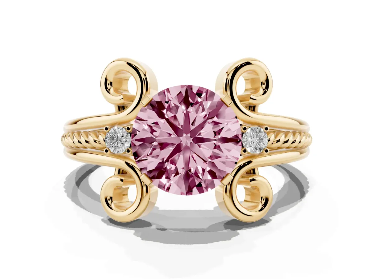 Fancy Pink Round Cut Solitaire Twisted Band Scroll Prong Ring Yellow gold