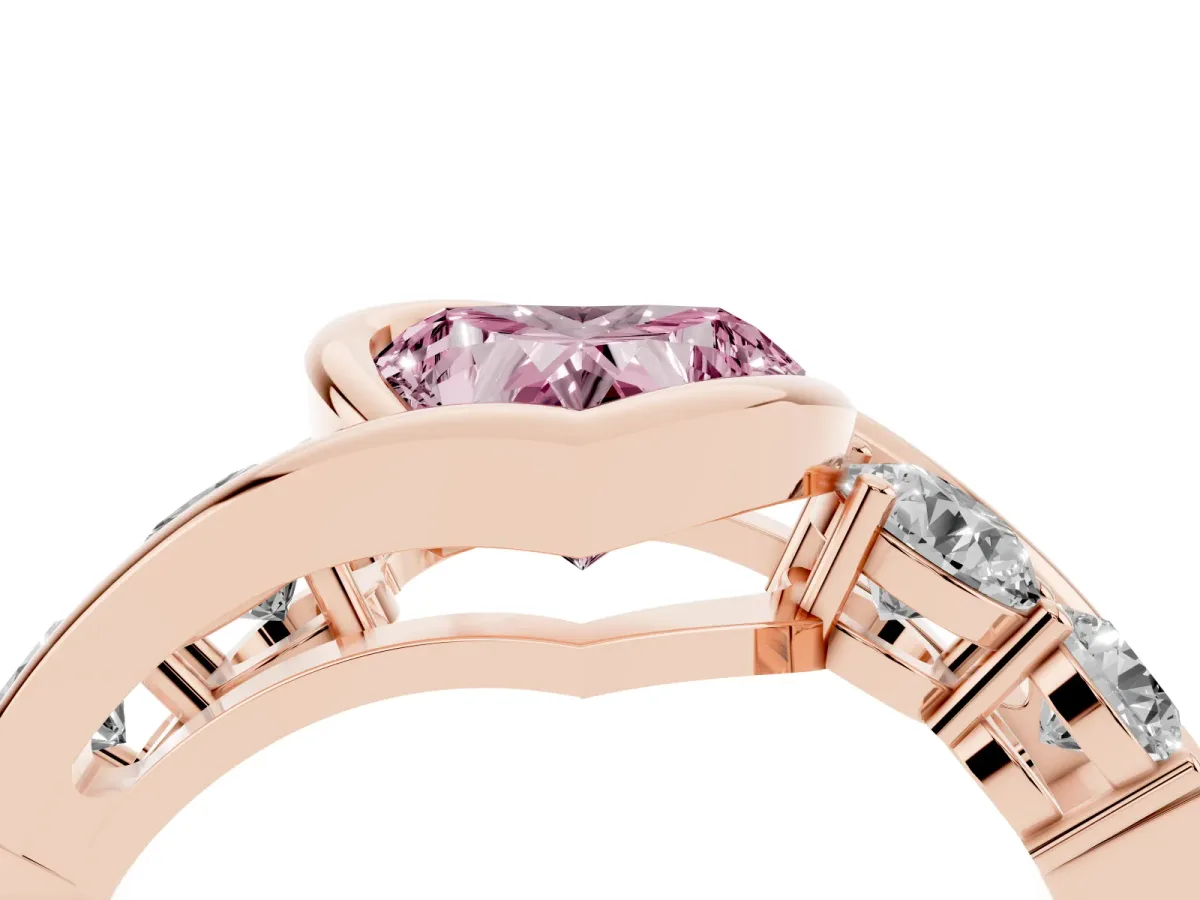 Fancy Pink Bezel Set Heart Cut Diamond Bypass Ring with Round Accents Rose gold