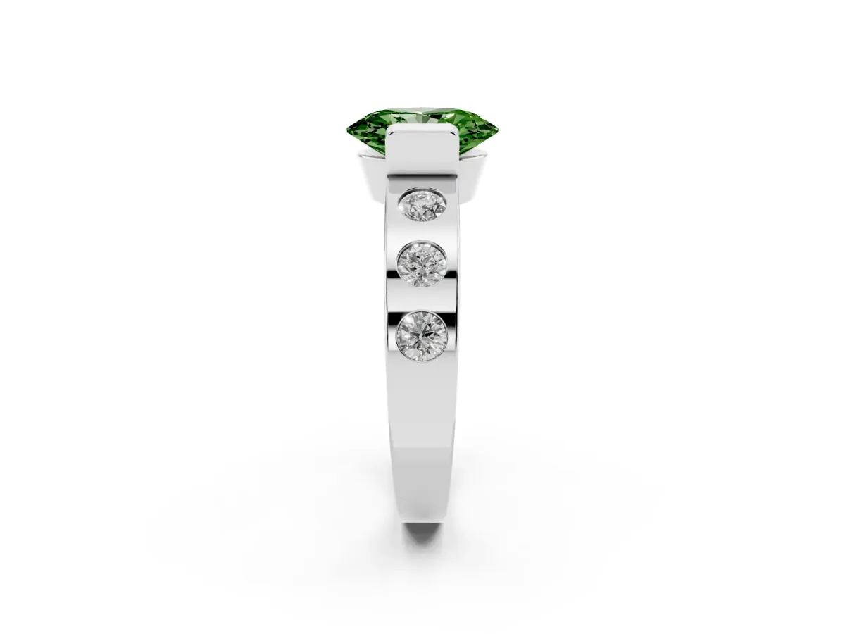 Fancy Green Oval Cut Brilliant Channel-Set Diamond Ring with Bezel Prong Setting Silver