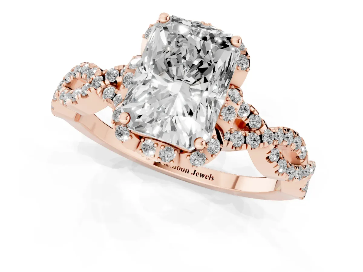 Radiant Cut Halo Twist Band Solitaire Ring with Six-Prong Setting Rose gold