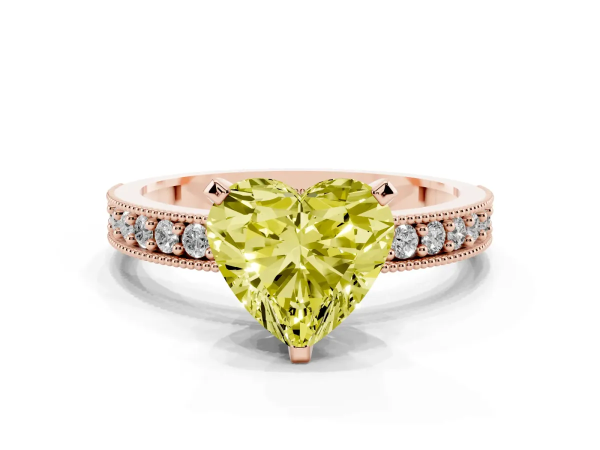 Fancy Yellow Heart Cut Diamond Milgrain Pavé Engagement Ring with Four-Prong Setting Rose gold