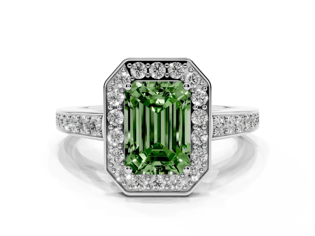 Fancy Green Emerald Cut Halo Pavé Diamond Engagement Ring with Bezel Setting Silver