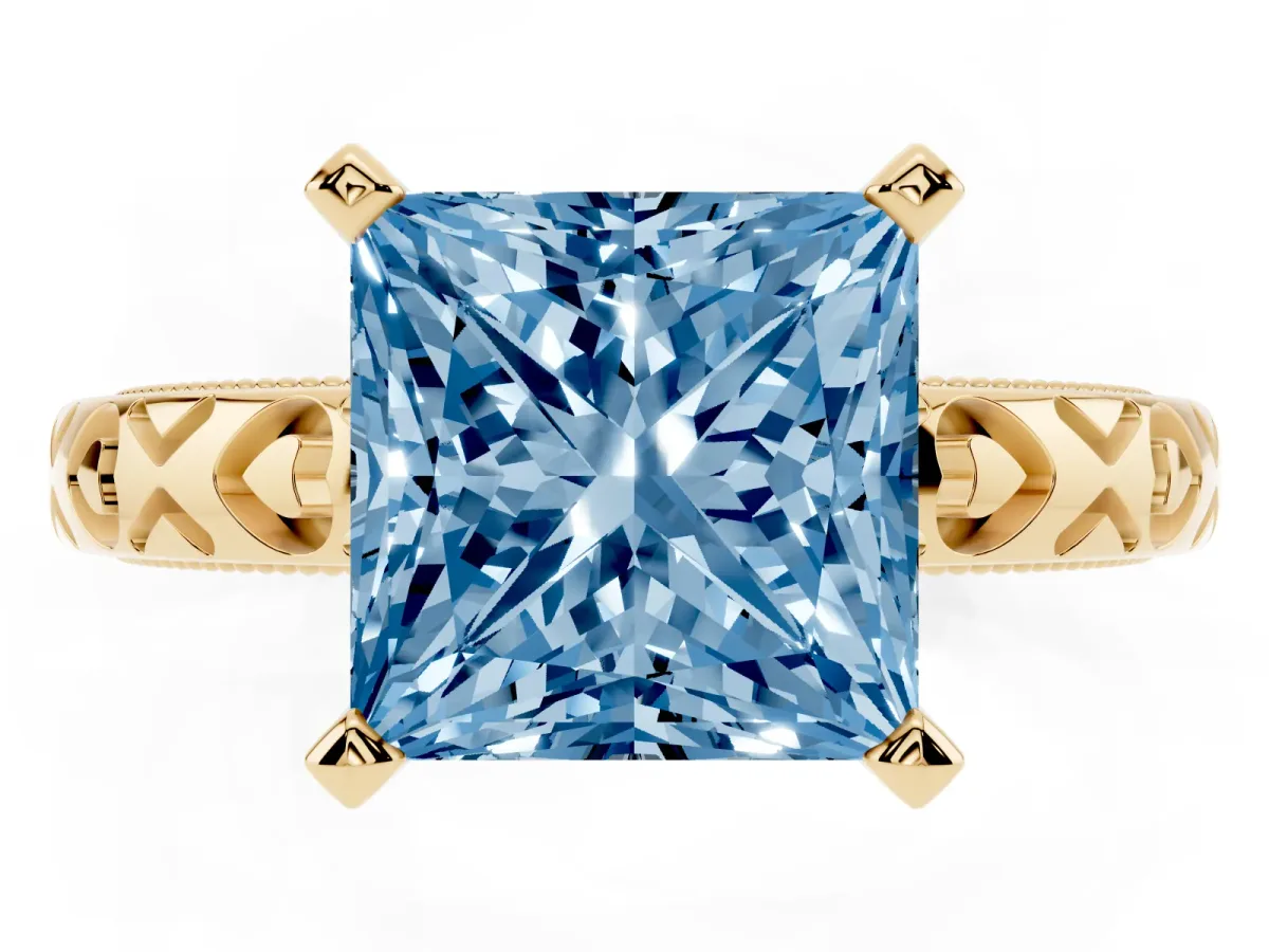 Fancy Blue Princess Cut Solitaire Diamond Engagement Ring with XO Engraved Band and Four-Prong Setting Yellow gold